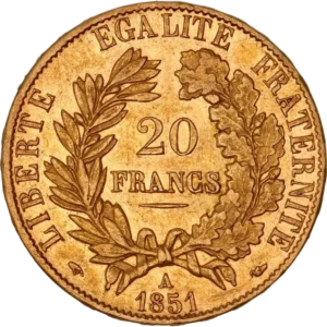 20 francs dans une couronne de laurier et de chêne.