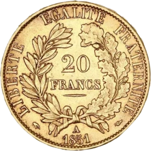 20 francs dans une couronne de laurier et de chêne.