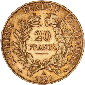 20 francs dans une couronne de laurier et de chêne.