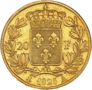 Blason aux lis couronné et entouré d'une couronne végétale.