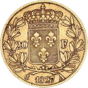 Blason aux lis couronné et entouré d'une couronne végétale.