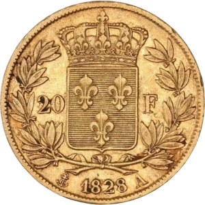 Blason aux lis couronné et entouré d'une couronne végétale.