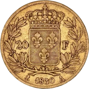 Blason aux lis couronné et entouré d'une couronne végétale.