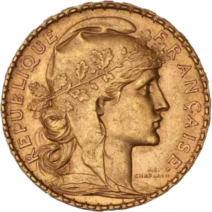 Tête de Marianne laurée et coiffée du bonnet phrygien à droite.