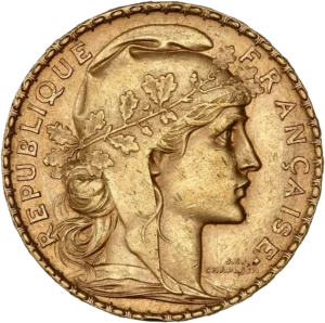 Tête de Marianne laurée et coiffée du bonnet phrygien à droite.