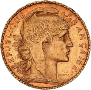 Tête de Marianne laurée et coiffée du bonnet phrygien à droite.