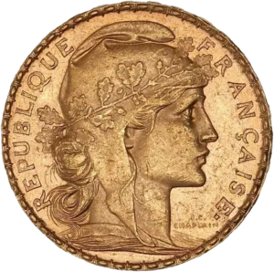 Tête de Marianne laurée et coiffée du bonnet phrygien à droite.