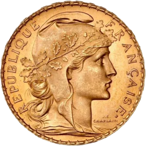 Tête de Marianne laurée et coiffée du bonnet phrygien à droite.