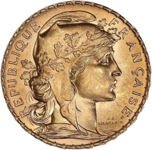 Tête de Marianne laurée et coiffée du bonnet phrygien à droite.
