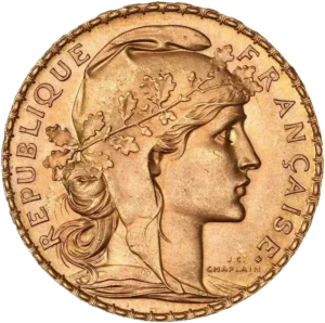 Tête de Marianne laurée et coiffée du bonnet phrygien à droite.