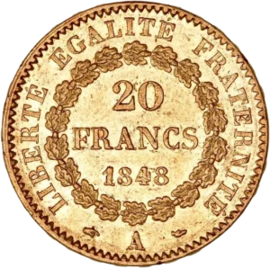 L'inscription 20 francs dans une couronne de chêne fermée.