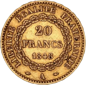 L'inscription 20 francs dans une couronne de chêne fermée.