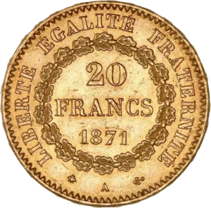 L'inscription "20 francs 1871" dans une couronne végétale.