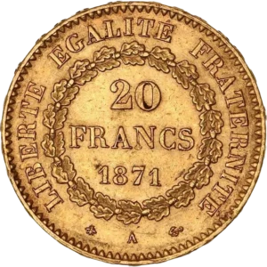 L'inscription "20 francs 1871" dans une couronne végétale.
