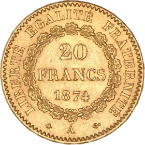 L'inscription "20 francs 1874" dans une couronne végétale.