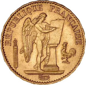 L'inscription "20 francs 1875" dans une couronne végétale.