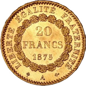 L'inscription "20 francs 1875" dans une couronne végétale.