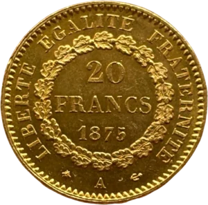 L'inscription "20 francs 1875" dans une couronne végétale.