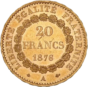 L'inscription "20 francs 1876" dans une couronne végétale.