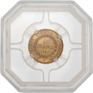 L'inscription "20 francs 1876" dans une couronne végétale.