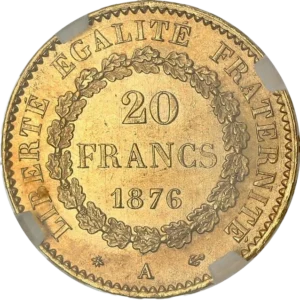 L'inscription "20 francs 1876" dans une couronne végétale.