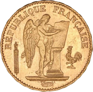 L'inscription "20 francs 1877" dans une couronne végétale.