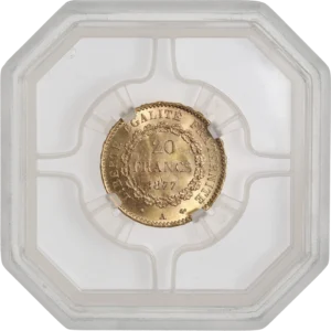 L'inscription "20 francs 1877" dans une couronne végétale.