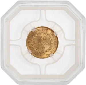 L'inscription "20 francs 1877" dans une couronne végétale.