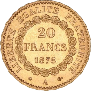 L'inscription "20 francs 1878" dans une couronne végétale.