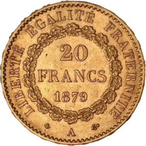 L'inscription "20 francs 1879" dans une couronne végétale.