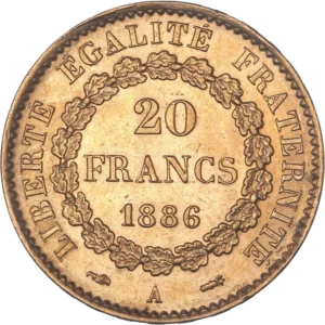 L'inscription "20 francs 1886" dans une couronne végétale.