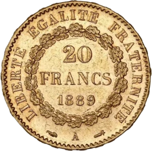 L'inscription "20 francs 1889" dans une couronne végétale.