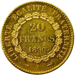 l'inscription "20 francs 1890" dans une couronne de chêne.