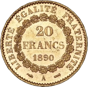 l'inscription "20 francs 1890" dans une couronne de chêne.