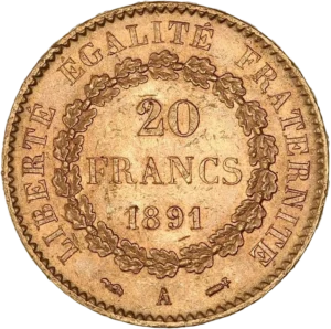 l'inscription "20 francs 1891" dans une couronne de chêne.