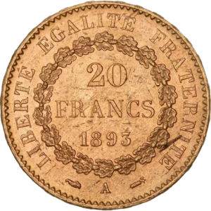L'inscription "20 francs 1893" dans une couronne végétale.