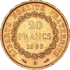 L'inscription "20 francs 1893" dans une couronne végétale.