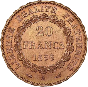 L'inscription "20 francs 1896" dans une couronne de chêne.