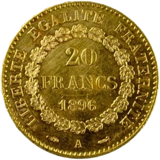L'inscription "20 francs 1896" dans une couronne de chêne.