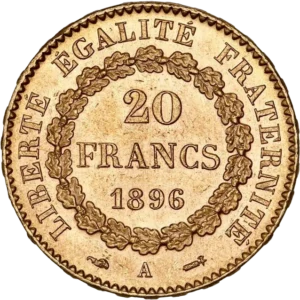 L'inscription "20 francs 1896" dans une couronne de chêne.