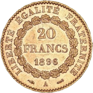 L'inscription "20 francs 1896" dans une couronne de chêne.
