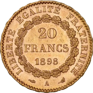 L'inscription "20 francs 1898" dans une couronne végétale.