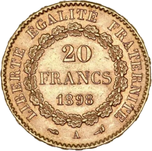 L'inscription "20 francs 1898" dans une couronne végétale.