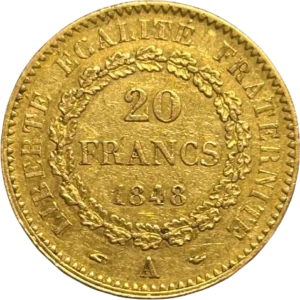 L'inscription 20 francs dans une couronne de chêne fermée.