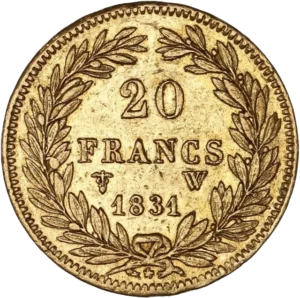 L'inscription 20 francs 1831 W entouré d'une couronne de laurier.