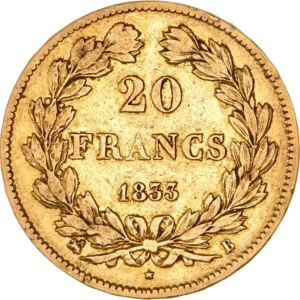 L'inscription 20 francs entourée d'une couronne de laurier.