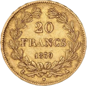 L'inscription 20 francs entourée d'une couronne de laurier.