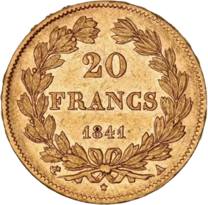 L'inscription 20 francs entourée d'une couronne de laurier.