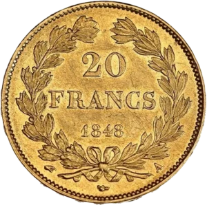 L'inscription 20 francs entouré d'une couronne de laurier.