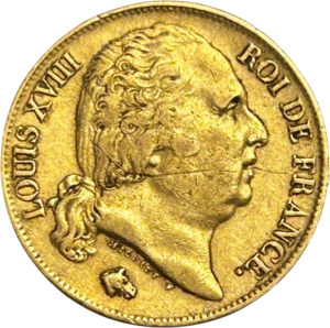 Tête nue de Louis XVIII à droite.